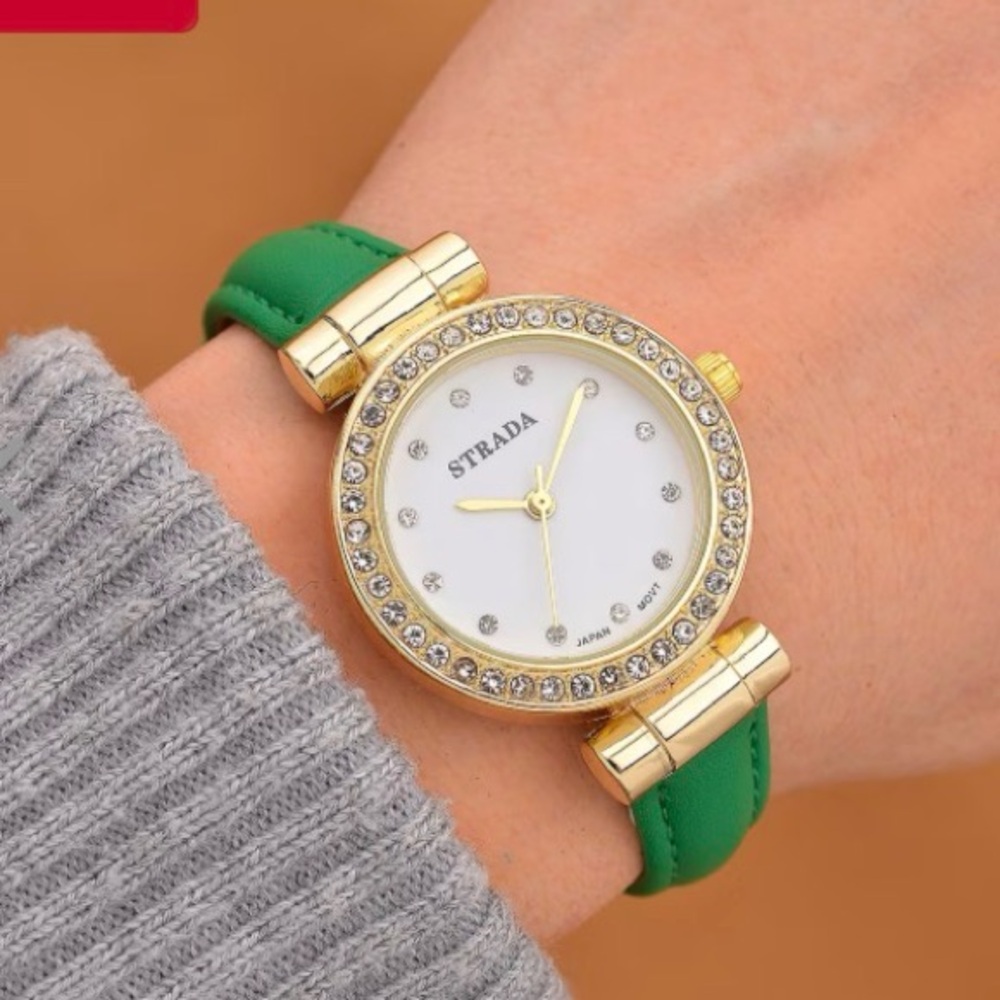 Strada Austrian Crystal Japanese Movement Watch with Green Faux Leather Strap